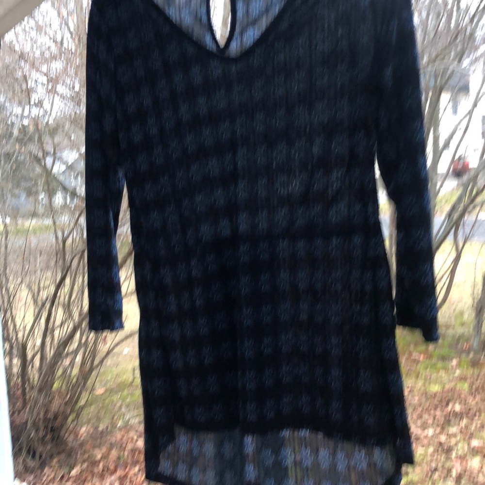 V-neck, tunic top dressy, navy and light blue